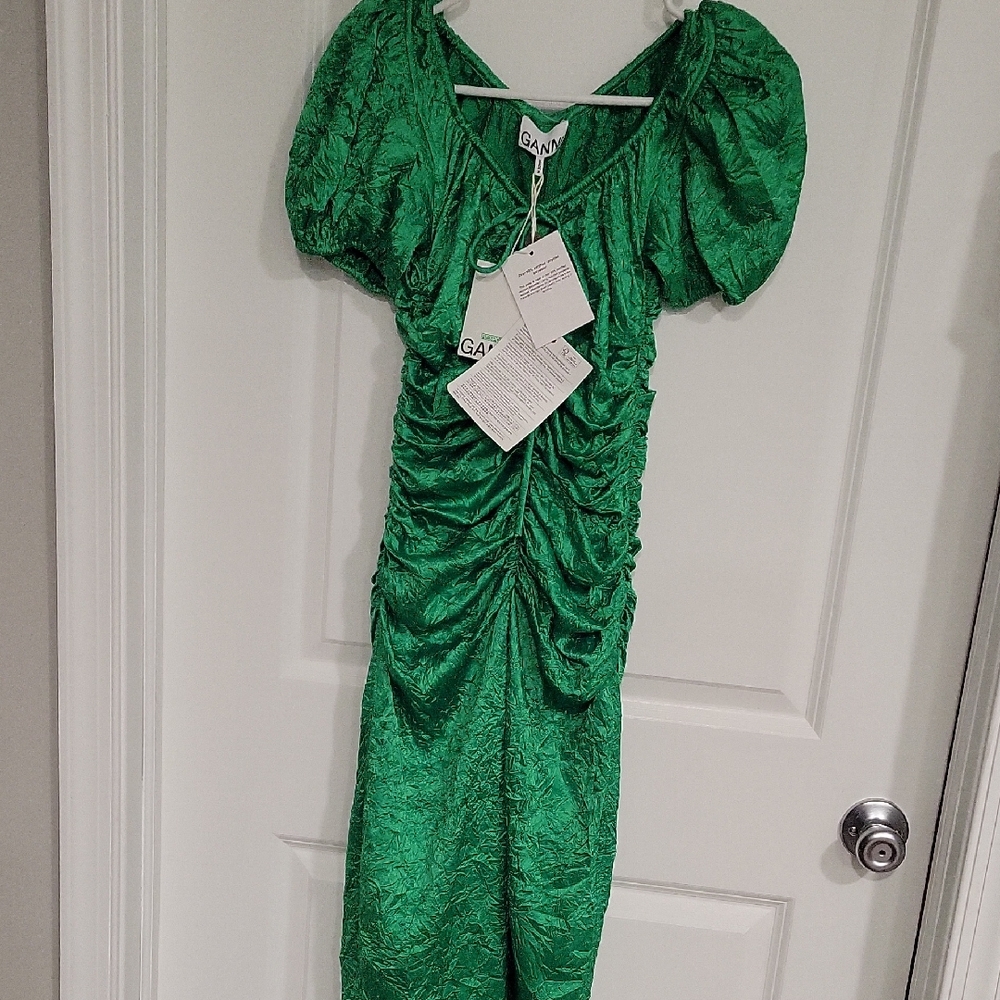 Ganni Emerald Green Ruched Midi Dress with Puff Sleeves